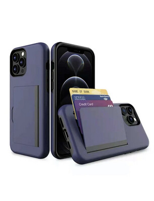 A multi-use dark blue case with a slot for cards and money or a stand