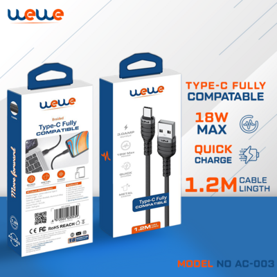 Raw cable wewe original warranty 18 months USB to-Type C in two sizes 1.2 meters and 2 meters