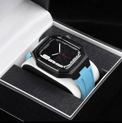 Strap for Apple Watch, full, luxurious, black case, light blue silicone strap, for two sizes 44/45