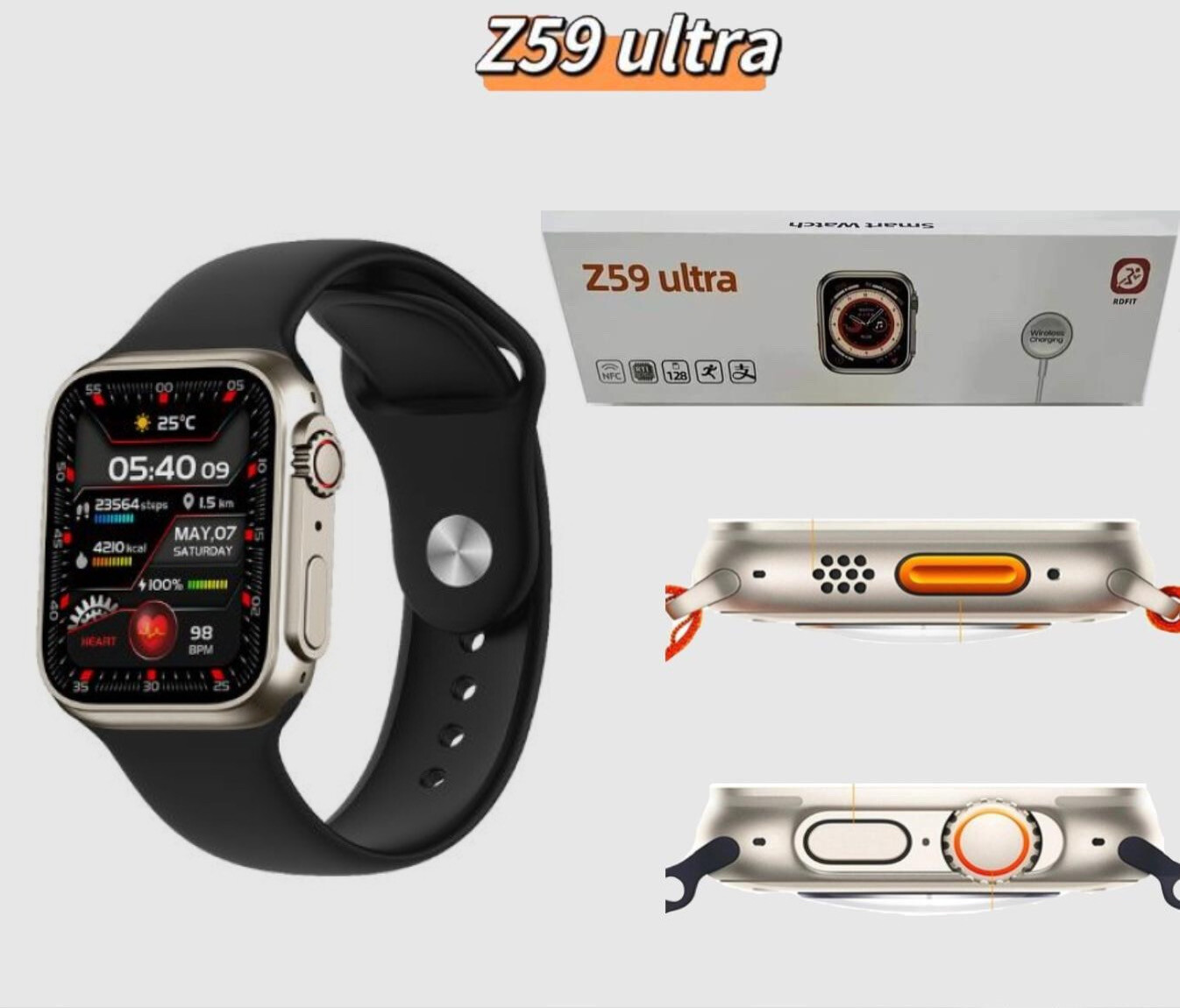 Z59 Ultra watch (watch size 45)
Connect , wallpapers from the phone notifications feature nfc wireless charging
REDFIT program