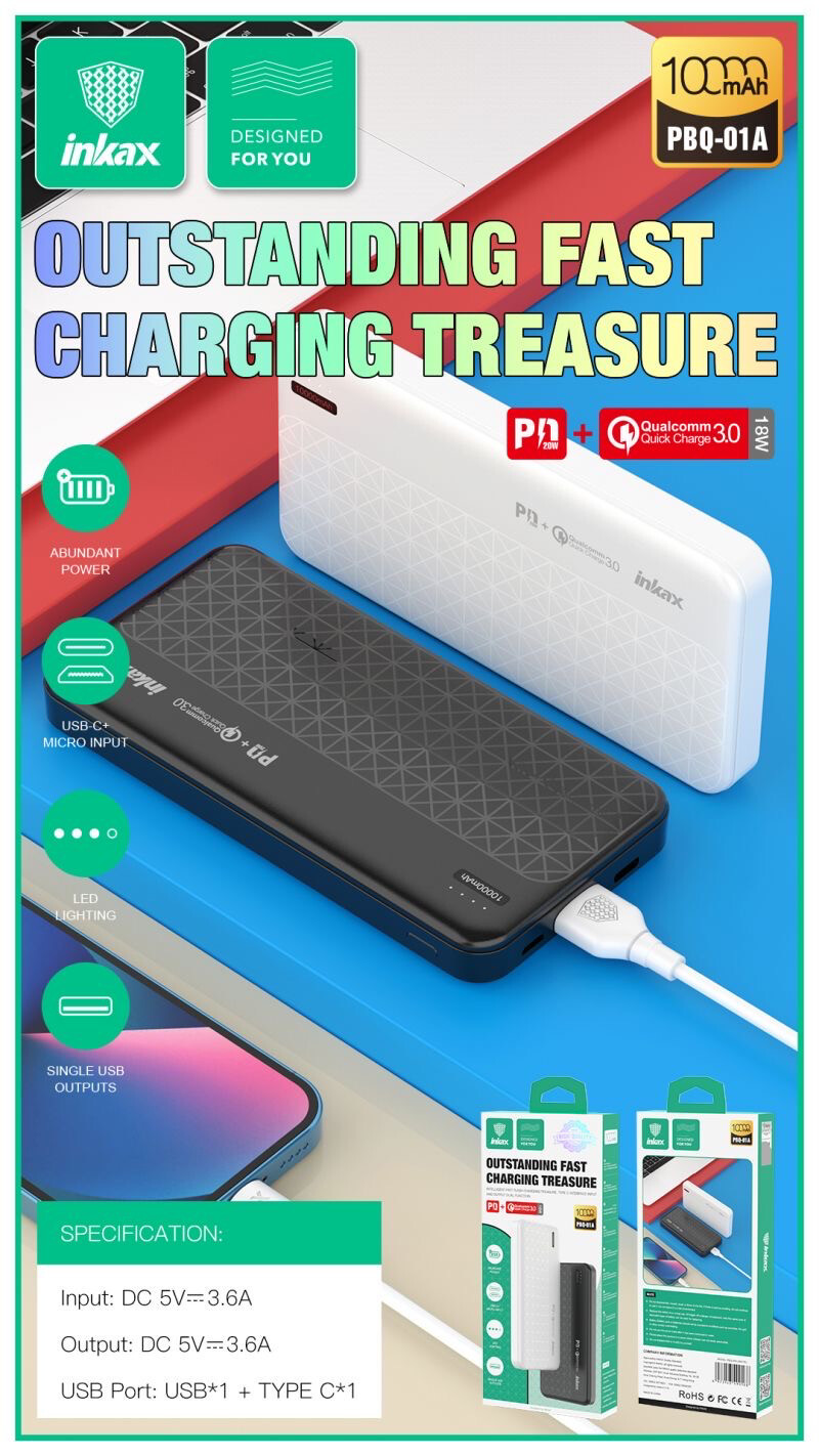 inkax easy travel power bank slim 10000mah with 3port ( micro - type-c fast charge in&out  -  usb )