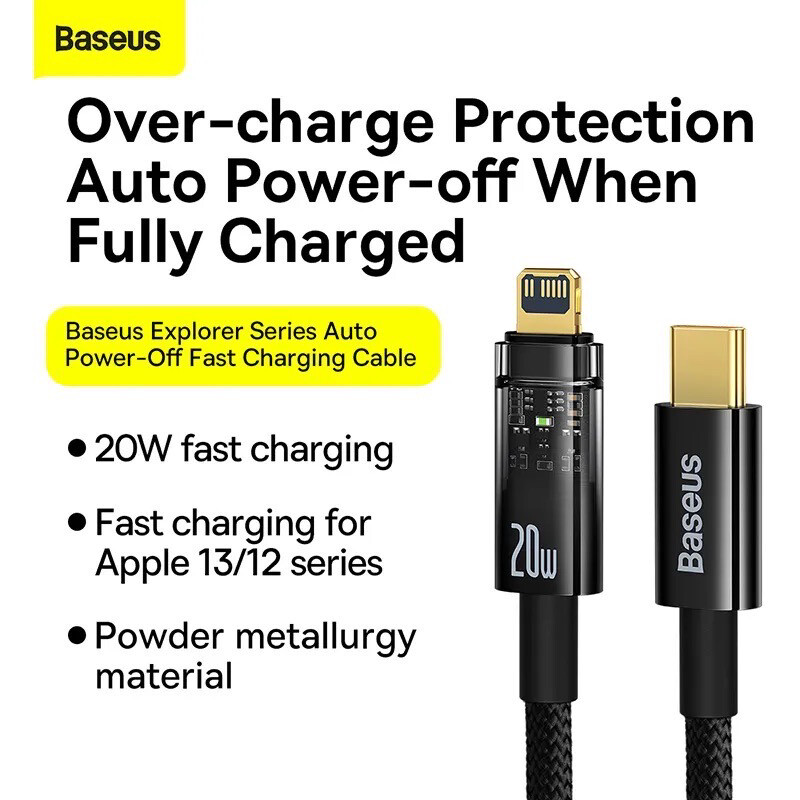 Baseus smart charging cable that stops when charging is 100% full to save battery life Fast charging 20 watts,  IC transparent   0