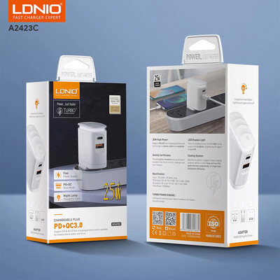 Ldnio adapter with cable tutbo with light 2 port pd 25W fast charger and usb 