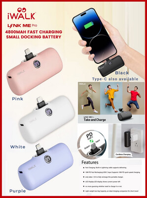 IWALK pocket battery fast charge 4800mAh for iphone lightning and type-c link pod 