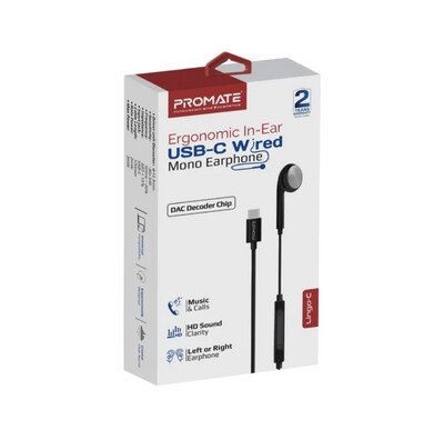 Promate headphone, one end for both sides, two years warranty, Type-C, in two colors, white and black