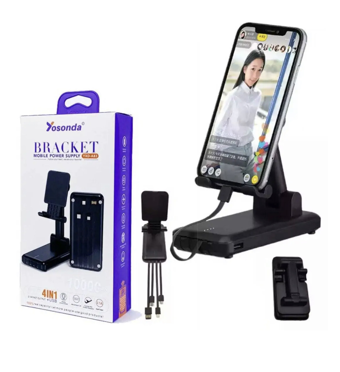 Mobile phone stand &amp; power bank Interface USB,Micro,Type-C, and lightning Charging Micro USB 10000mAh LED light for power level