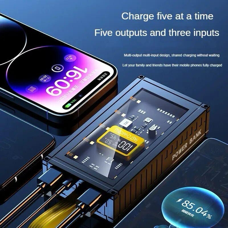 Travel power bank with 20,000 lighting Black color, AC, exposed digital screen 4 USB ports PD port, fast charging in and out Lightning port to charge the battery with iPhone cable 20,000MAH
