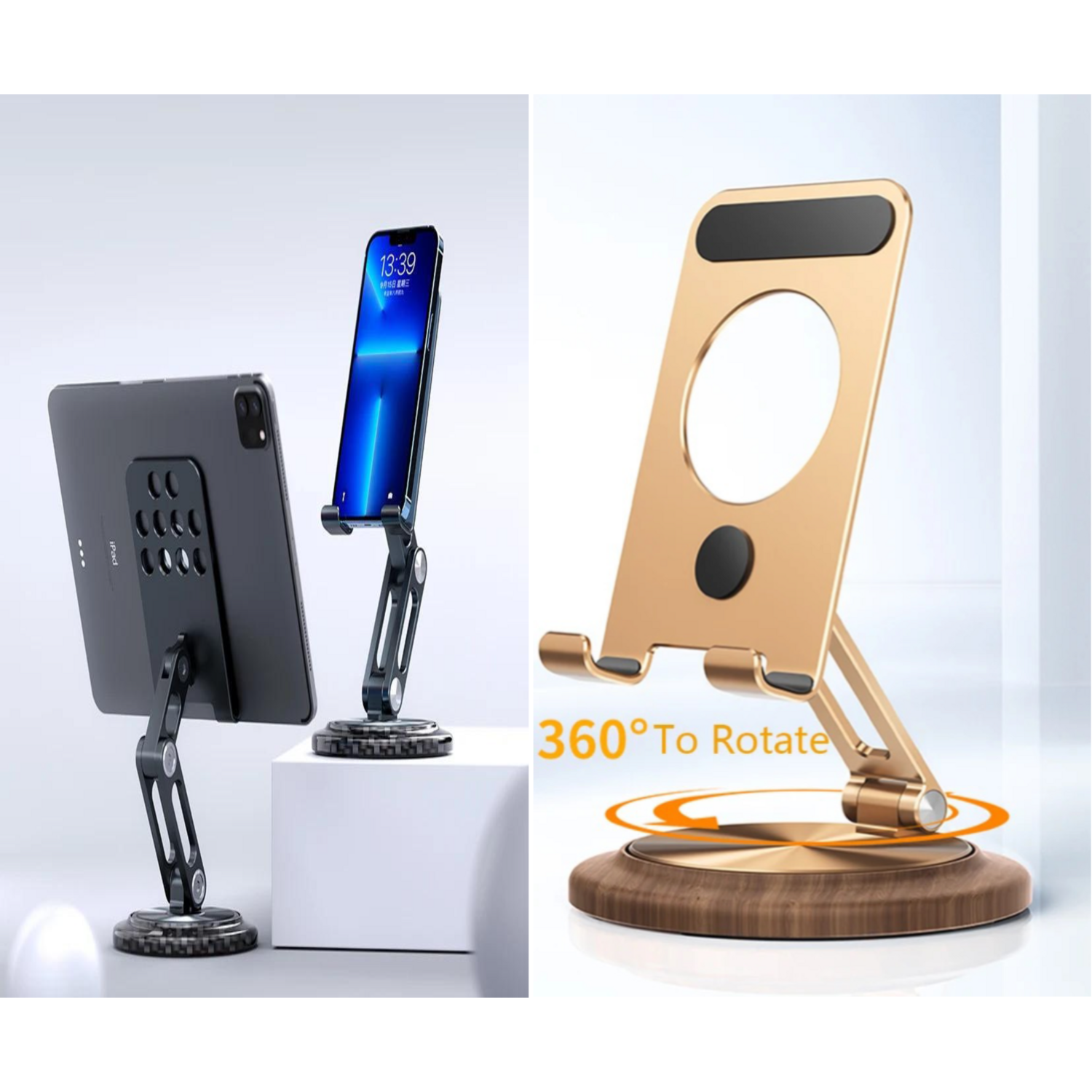 A luxurious, 360-degree moveable office stand for iPad and phones, two colors, wooden and carbon