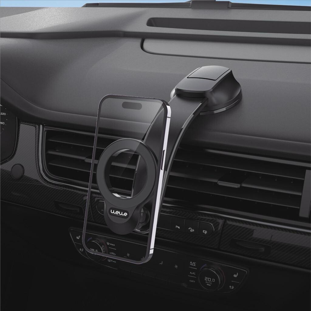 A car stand from WeWe, flexible with a magnetic sword, mounted in this position at more than one angle, suitable for cars in narrow spaces, and fixed with air pressure for high stability