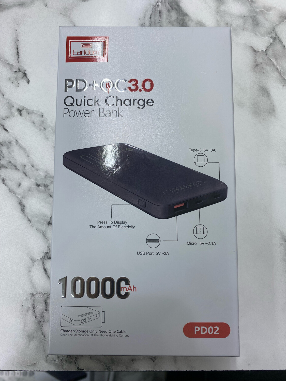 Earldom power bank 10 thousand fast charging PD 20 watts in and out and USB out