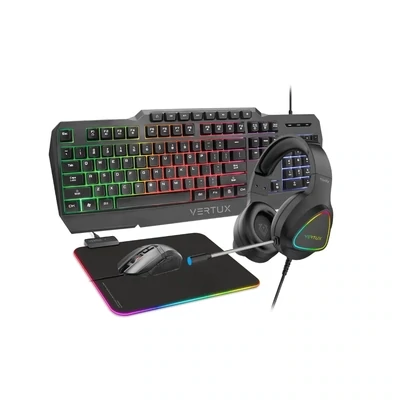 Vertux 4 in 1 keyboard, headset, mouse, and mouse pad. It works on all versions of PlayStation and PC. Rainbow lighting, high quality, high capability.