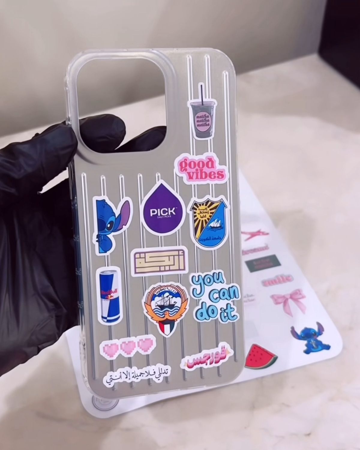 Prominent stickers  to stick on covers, bags, phones, etc. The page contains many stickers Compatible with all cases and places. It is fixed on the silver striped case  with strong stability.