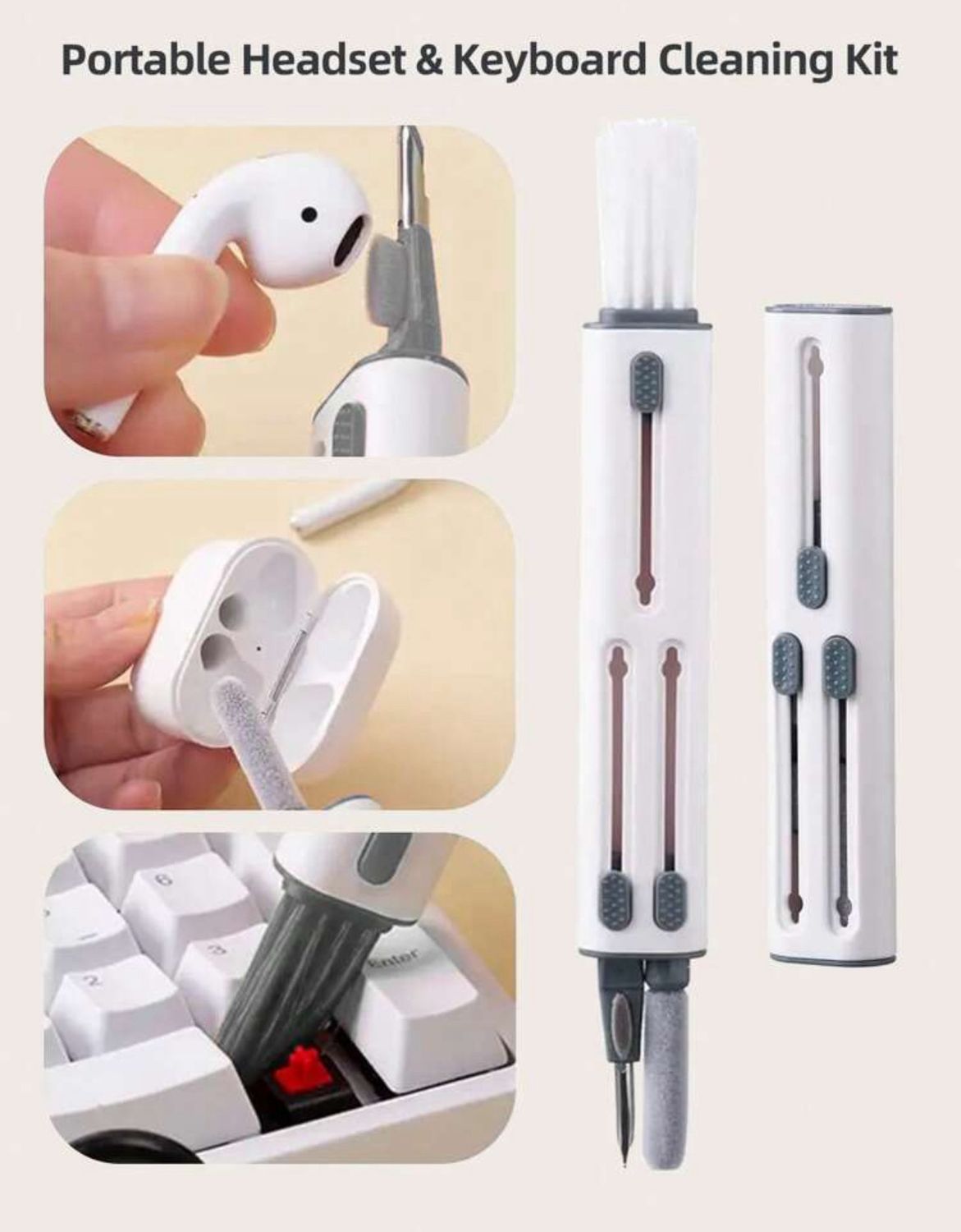 4 in 1 cleaning pen for computer, phone, AirPod, watch, keyboard. You can clean many things with it. It is equipped with a brush that can be placed in the bag.