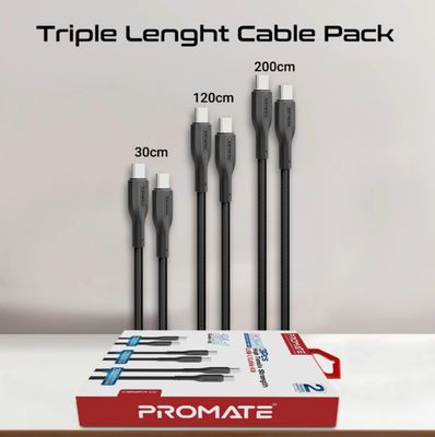 Promate Cable Set Package 3 pieces , 2 Years Warranty, Type-C to Type-C Cables and type-c to lighting  in Different Lengths: 30cm, 120cm, 200cm