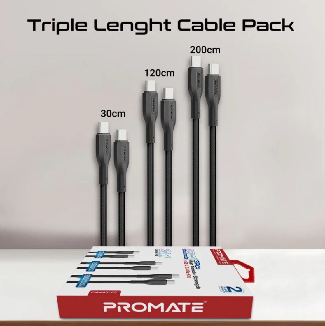 Promate Cable Set Package 3 pieces , 2 Years Warranty, Type-C to Type-C Cables and type-c to lighting  in Different Lengths: 30cm, 120cm, 200cm