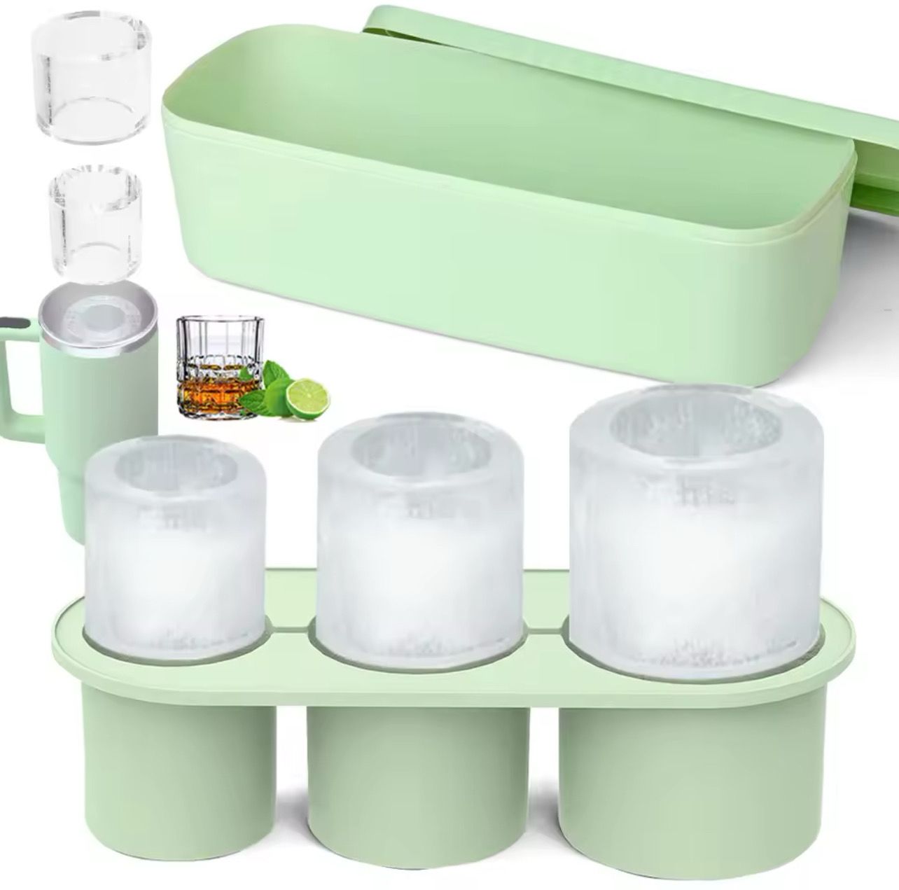 3-Grid Ice Cube Tray For Stanley 30/40 Oz Tumbler Cups Reusable Cylinder Silicone Ice Cube Molds With Lid For Drink Juice Coffee