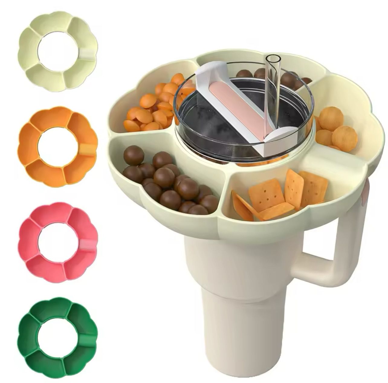 Silicone Snack Bowl Food-Grade Reusable Snack Tray Lightweight Snack Ring with 4 Compartments for Stanley Cup 40oz Accessories