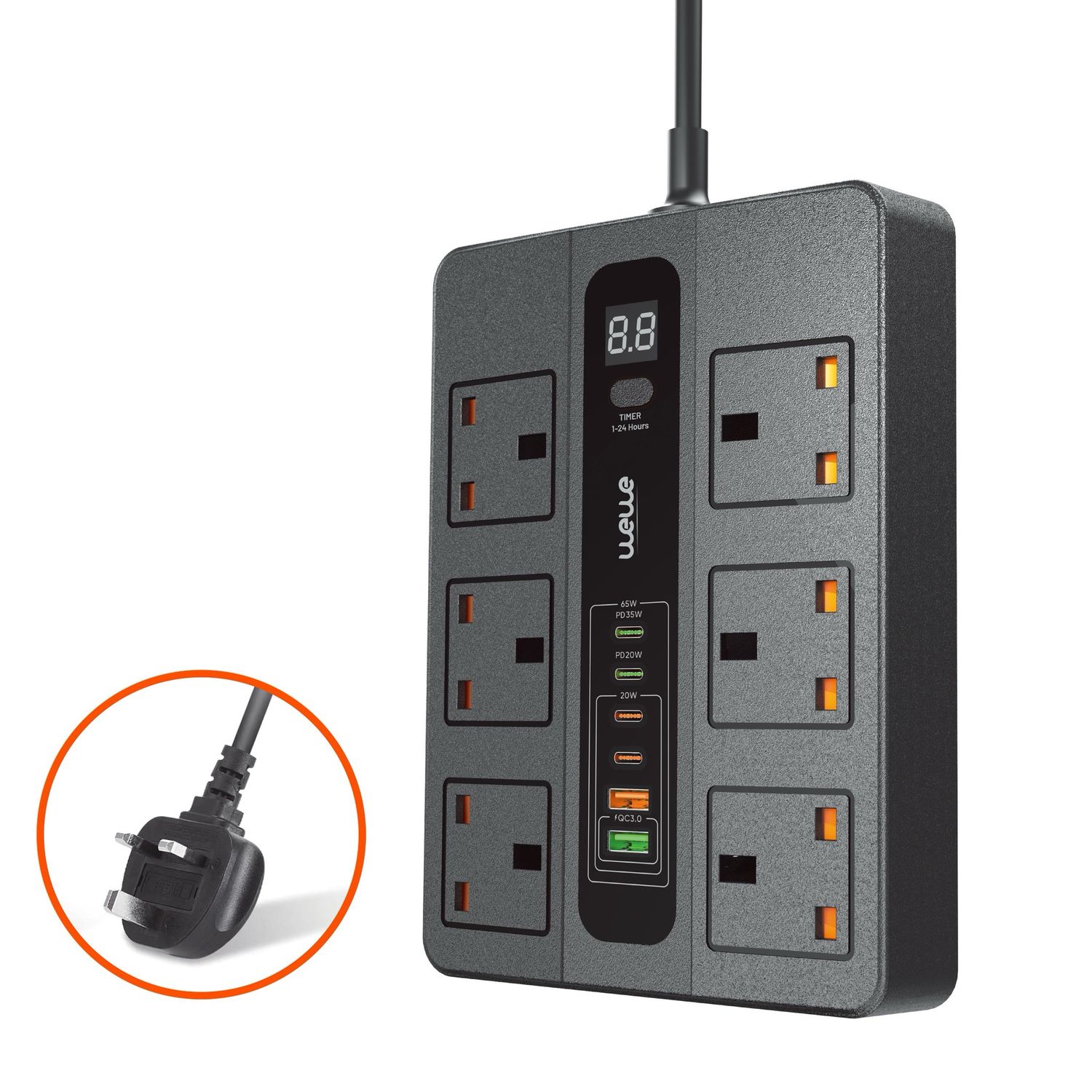 WEWE fast charger power strip 65W  12 in 1  6 plug 3000W 4 port PD 36W 2 USB 24W Timer  Switch on / off  Cable 3M  18 months warranty