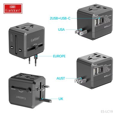 travel adapter from Earldom to all countries 2 USB and a type C port with an electric entrance that installs a country of high quality and speed