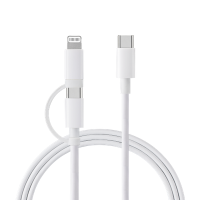 Multi-use charging cable Type-C to Type-C with Lightning connector to charge all types of iPhones and Samsung with one cable