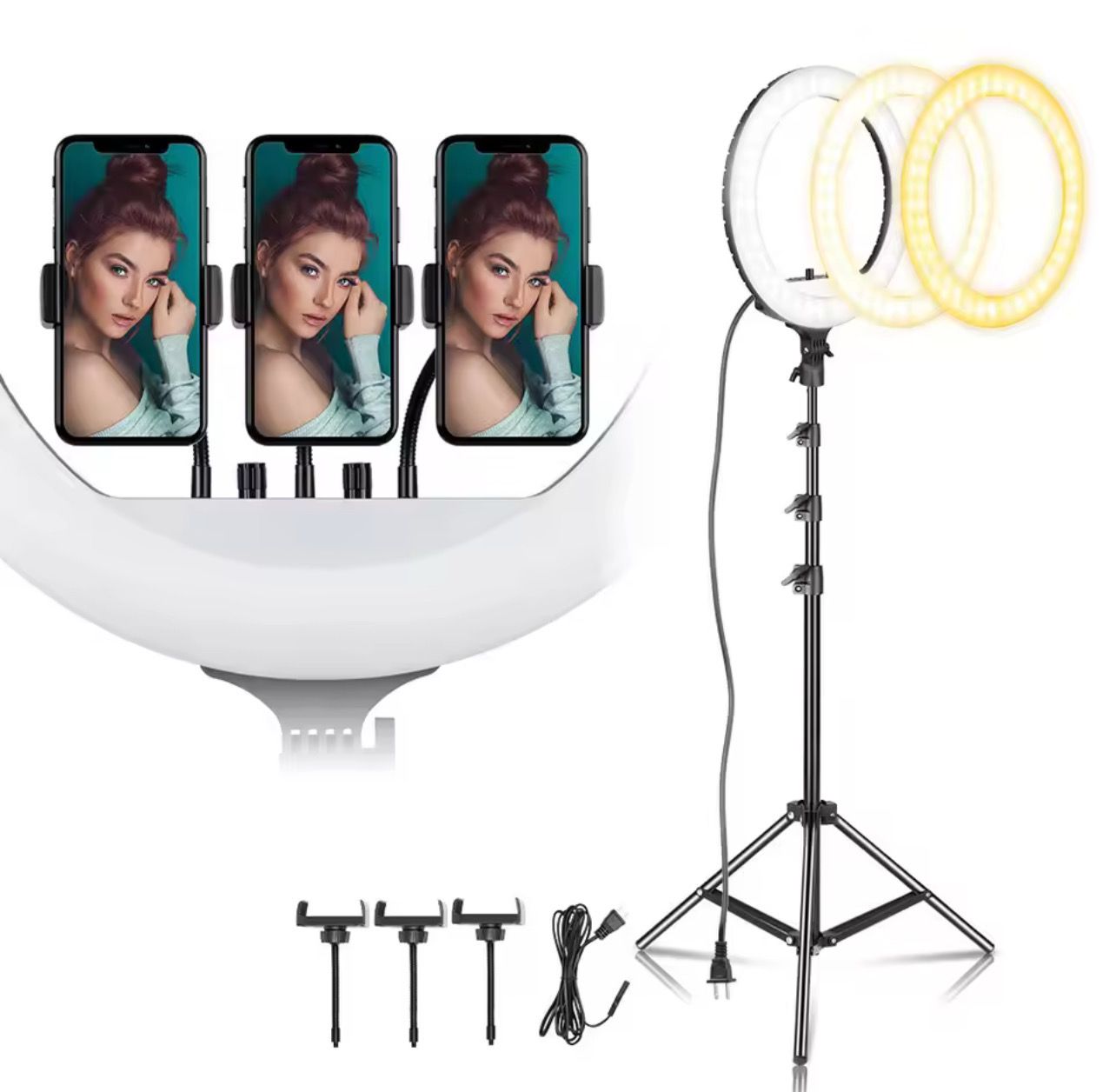Large 18-inch ring light with three different lights, with a remote control for brightness and operation, a bag, three phone stands, and control for length and height, and moving the light 180 degrees