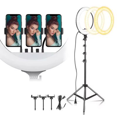 Large 18-inch ring light with three different lights, with a remote control for brightness and operation, a bag, three phone stands, and control for length and height, and moving the light 180 degrees