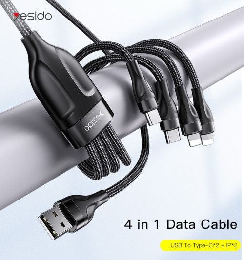 Yesido 4 in 1 cable, two ports for old iPhone and two Type-C ports for new devices, USB fast charging, raw, 1.2 meters long, high quality