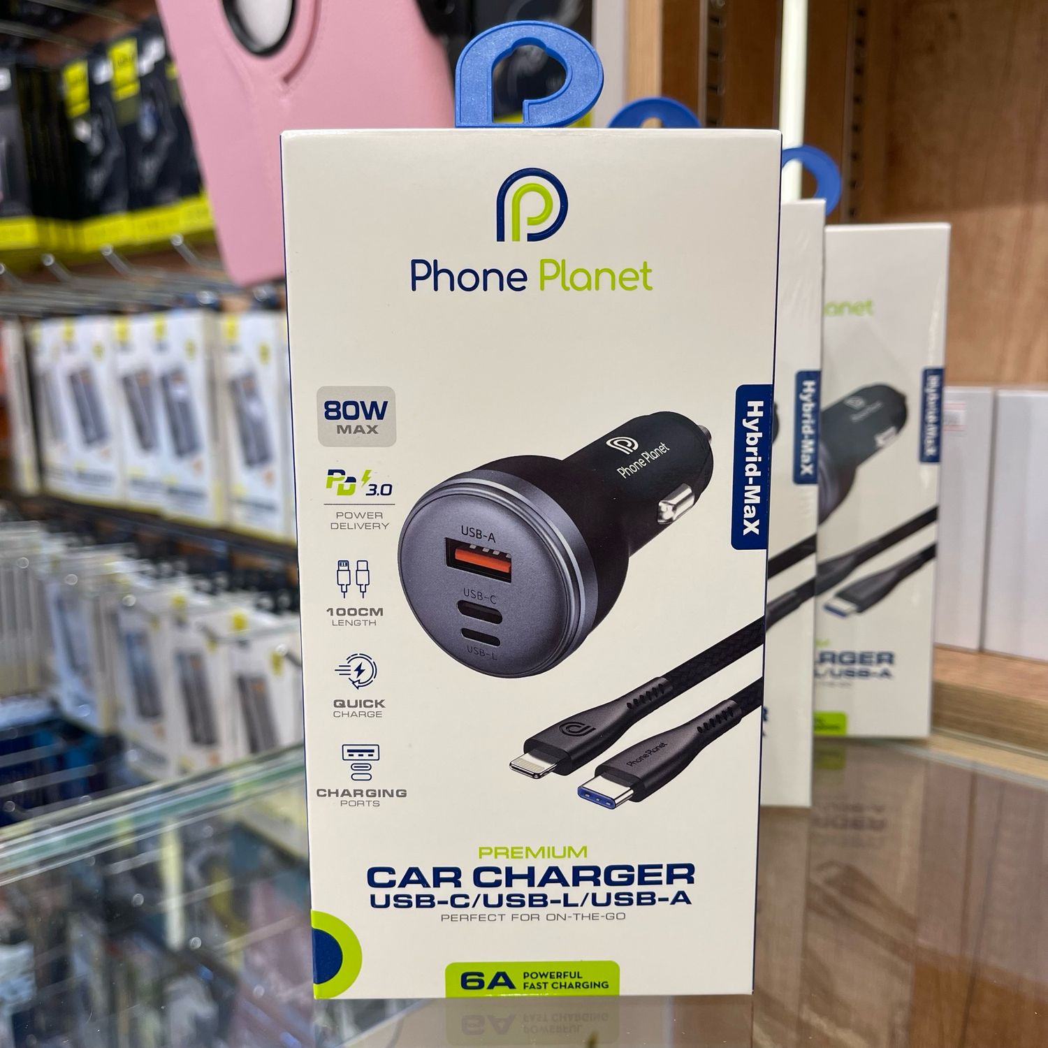 PhonePlanet Car Charger Cigarette Lighter 3 Ports 80W Very Fast Charging with a Raw Cable for Charging All Types of Devices Lightning, Type C and USB 3in1
