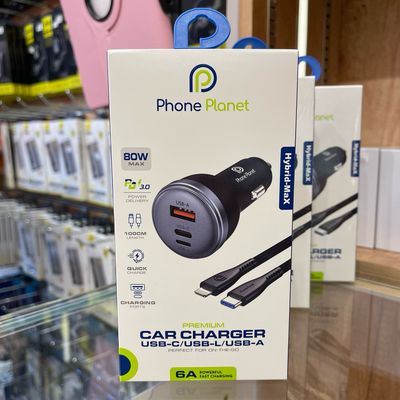 PhonePlanet Car Charger Cigarette Lighter 3 Ports 80W Very Fast Charging with a Raw Cable for Charging All Types of Devices Lightning, Type C and USB 3in1