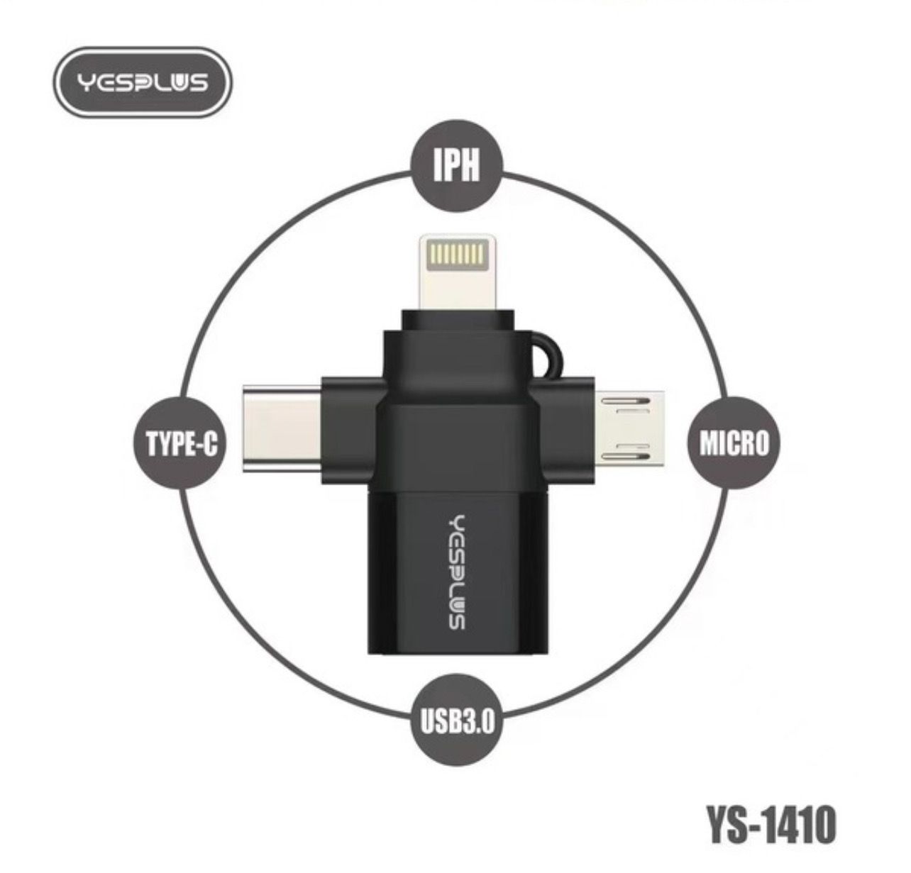 3 in 1 data transfer connector for all devices. Install the flash drive and transfer 3 ports: Type C, Micro and Lightning.