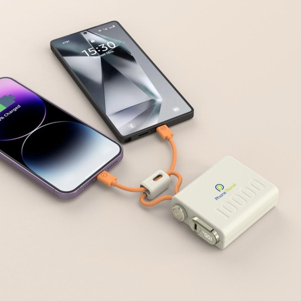 Mini Power Bank, beautiful shape, Phone Planet 10,000 with two cables, fast charging up to 22.5 watts, fast charging, smaller than a bank card, additional Type-C port, screen showing the percentage available for all devices