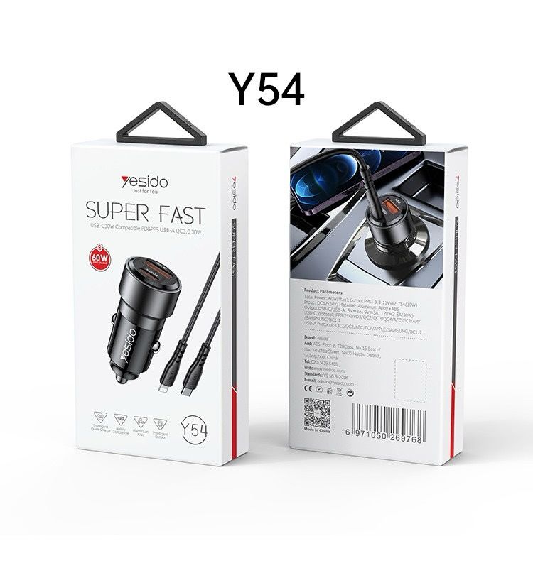 Yesido Fast charging for a car, a two-port with a 60-watt cable and adapter lighting iPhone 14 and less 