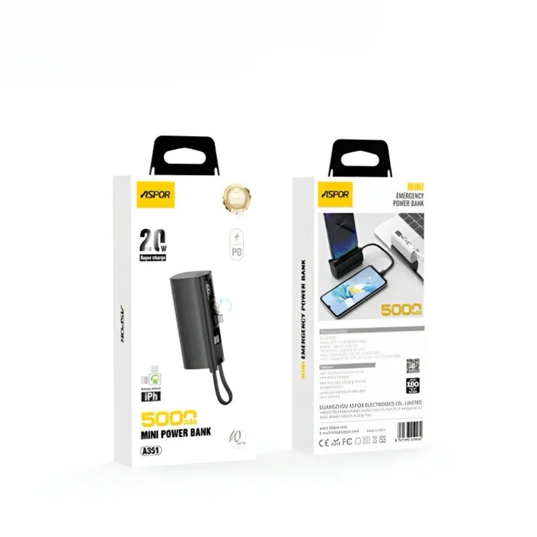 Asfour Pocket Battery 5000mAh with Fixed Lightning Port and Type-C Cable 22.5W Fast Charging with Stand and Level Screen