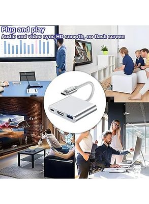 HD connector 3 in 1 up to 4K resolution for transferring a phone, iPad, or Type-C laptop. It includes an HD port and a USB port for the remote.