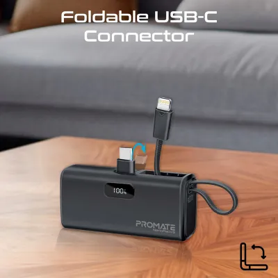 Promate pocket battery, size 5,000, fast charging with Type-C base for iPhone 15&amp;16  other devices, as well as a cable for iPhone 14 and under, with a handle and a 20-watt fast charging stand, in addition to an entrance to charge it and charge it fro