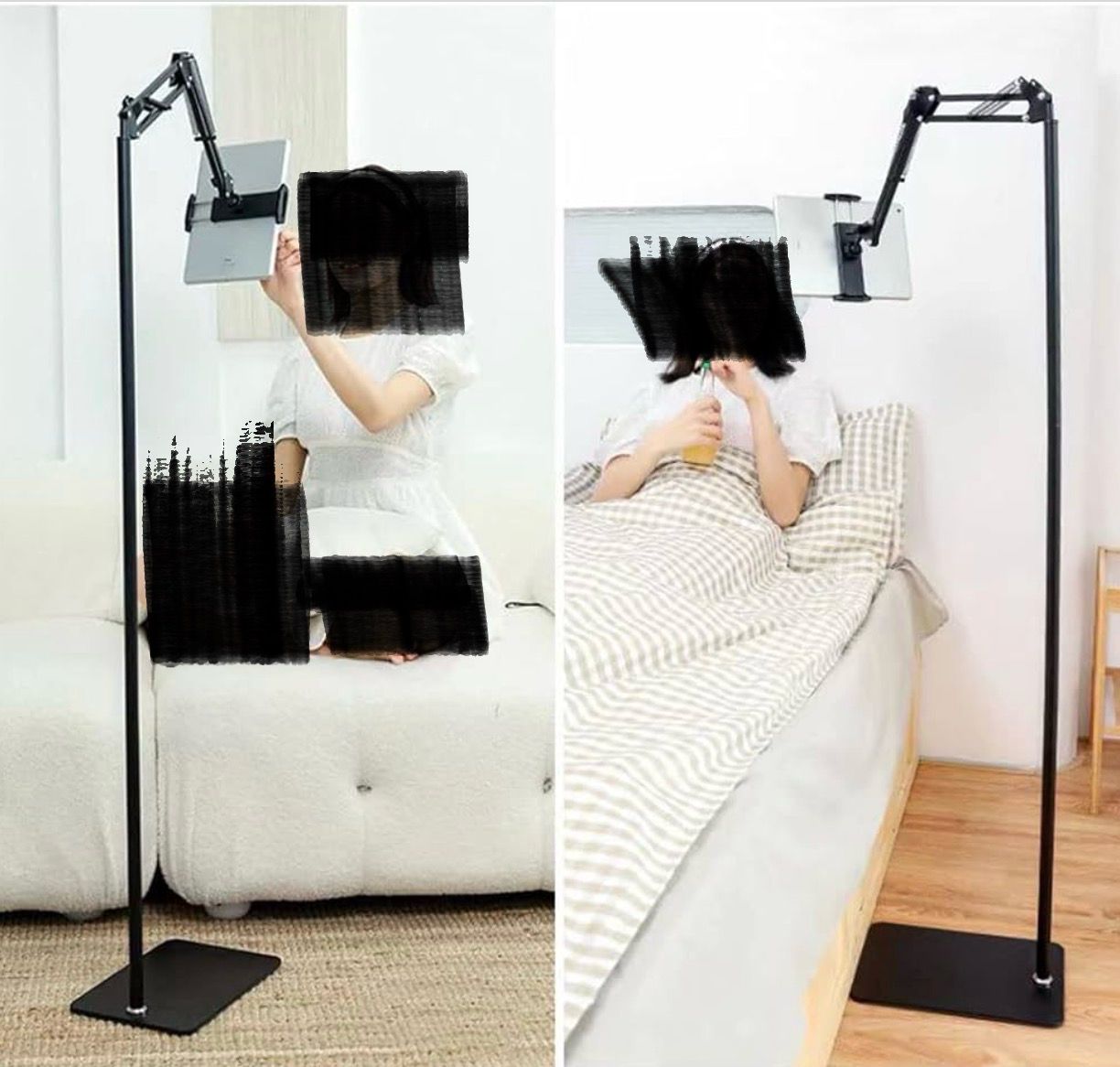 Tall floor stand with adjustable height and orientation for iPads and phones.