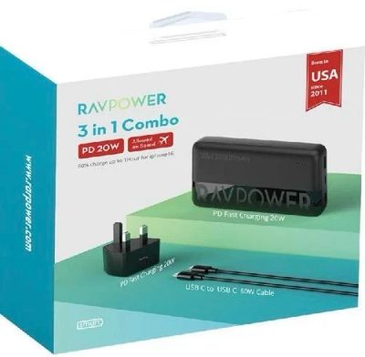 RAVPower Combo 3-in-1 Package: 10,000 mAh Power Bank, 20W Adapter , 60W Type-C Cable, 18-Month Warranty