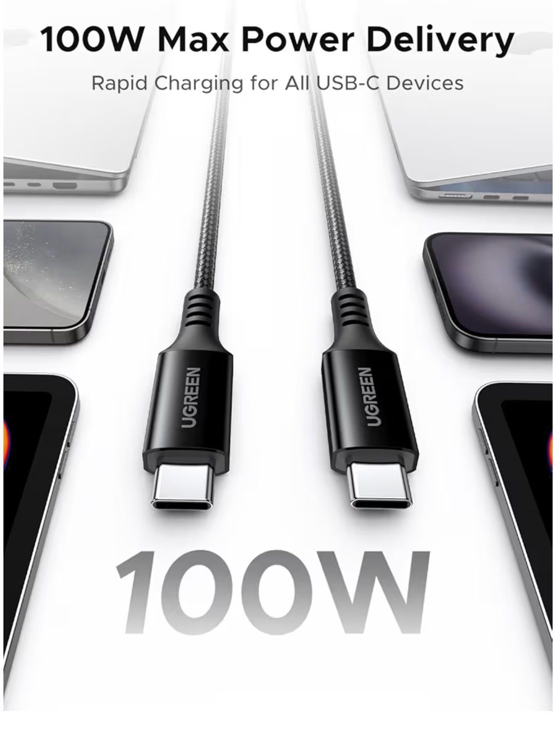 U-Green cable, 2 meters, 18-month warranty, 100 watts, for all devices