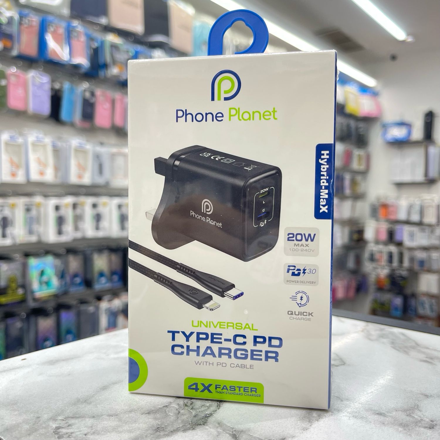 Phone Planet Full Charger, 1-Year Warranty, 20W Fast Charging for All Devices (Lightning and Type-C), 2-in-1 Charging, Charges Both Old and New iPhones (Unlike Cables)