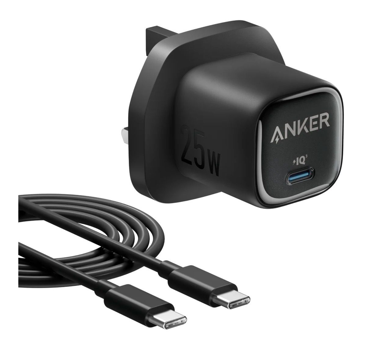 Anker charger full adapter with cable and Type-C cable, 25W fast charging, 1 meter length, 18-month warranty