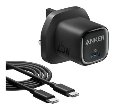 Anker charger full adapter with cable and Type-C cable, 25W fast charging, 1 meter length, 18-month warranty