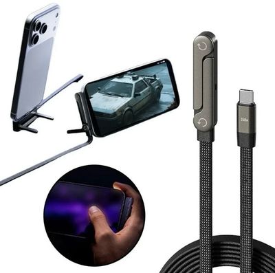 The smart cable supports handheld gaming or browsing without cable damage, comes with a stand (length or width), and delivers 240W power. It's very fast and compatible with all Type-C devices. The cable is 1.5 m