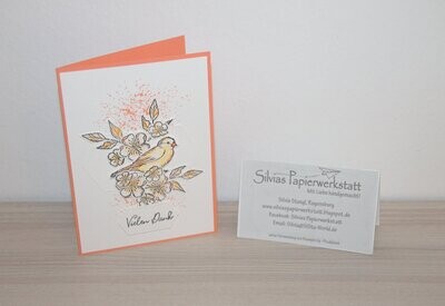 Danke - Zartes Orange mit Vogel und Blüten Danke - Zartes Orange mit Vogel und Blüten