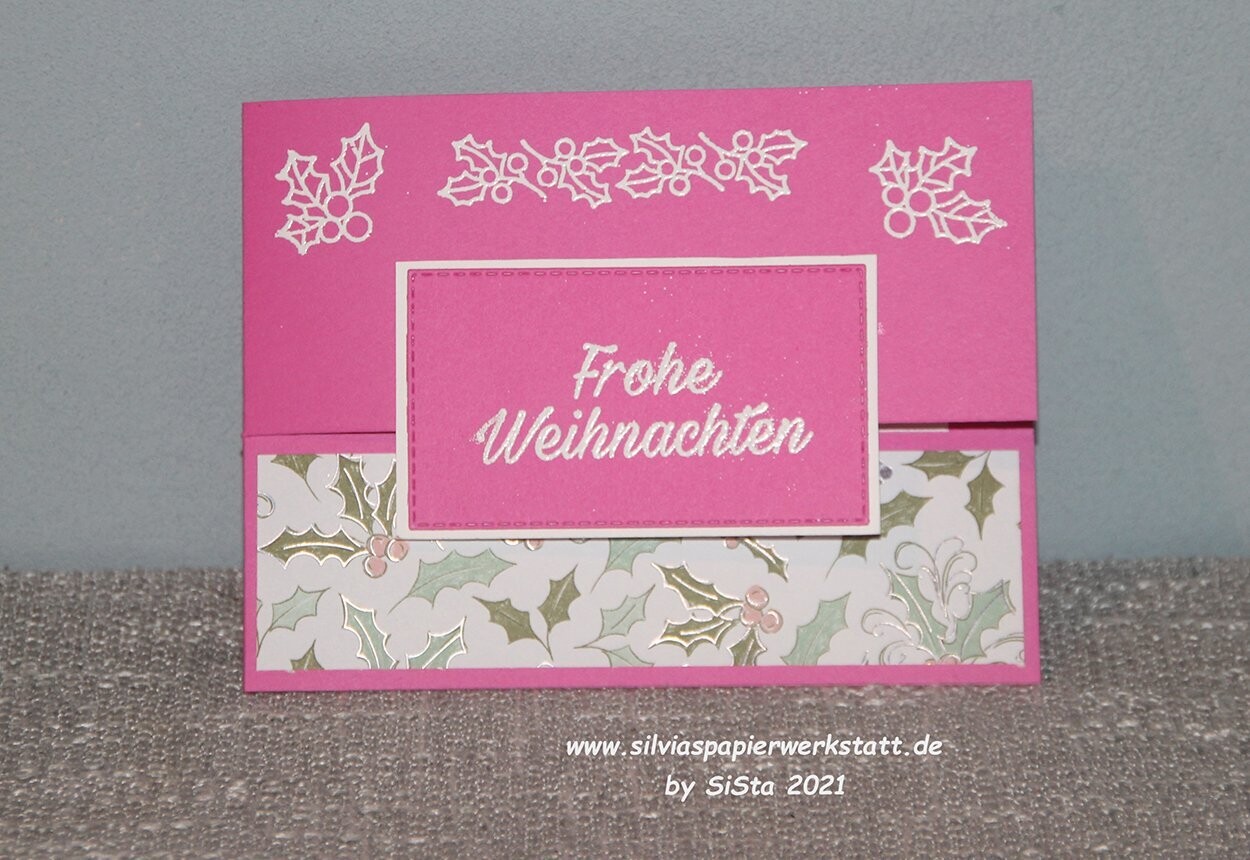 Weihnachtskarte mit Gutscheinfach - Bonbonrosa/Weiß embossed