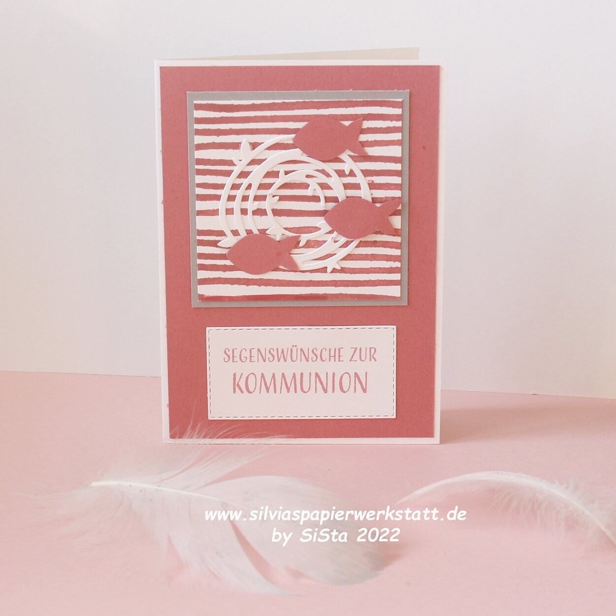 Kommunionkarte Rosa mit Fischen