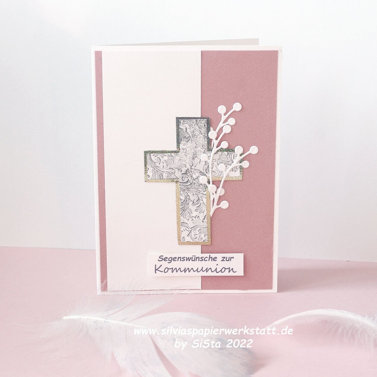 Kommunionkarte Rosa mit Kreuz