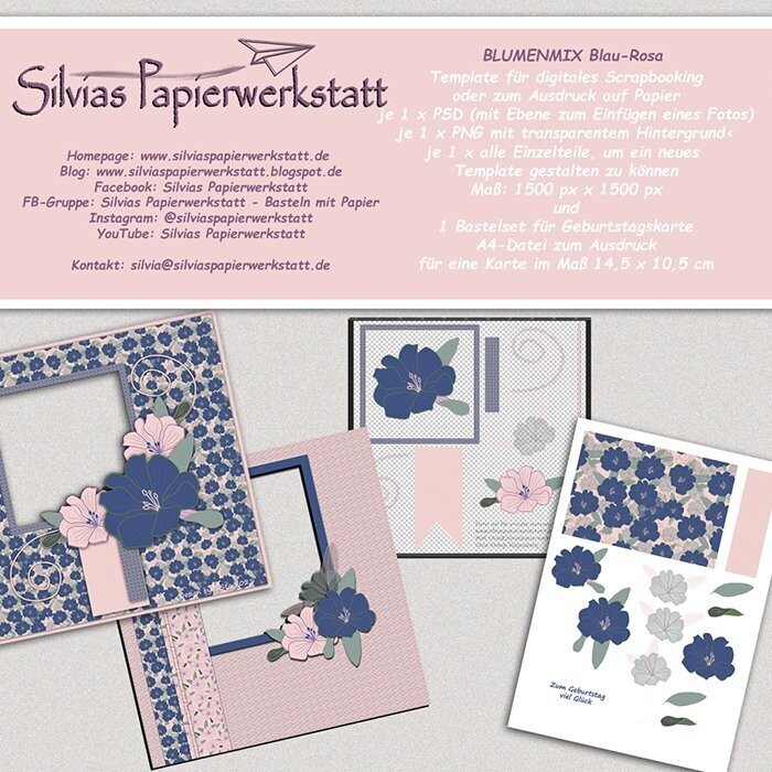 BLUMENMIX BLAU-ROSA Set mit Scrapbooking-Layouts und Bogen für Kartengestaltung