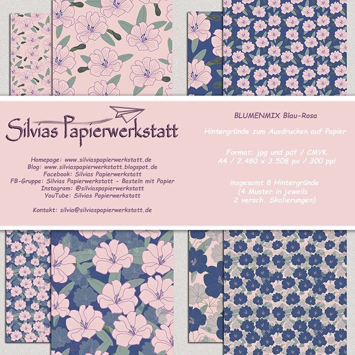Blumenmix Blau-Rosa - Papiere zum Ausdruck auf A4
