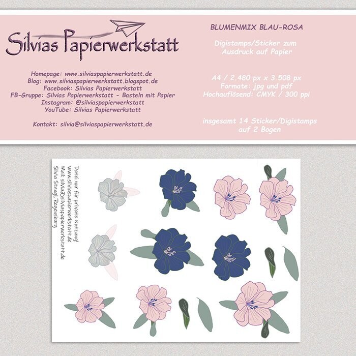 BLUMENMIX BLAU-ROSA - Digistamps/Sticker  zum Ausdruck auf A4