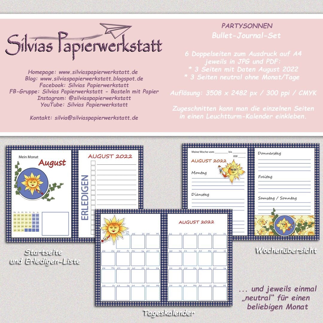 PARTYSONNEN - Bullet Journal Seiten zum Ausdruck auf A4